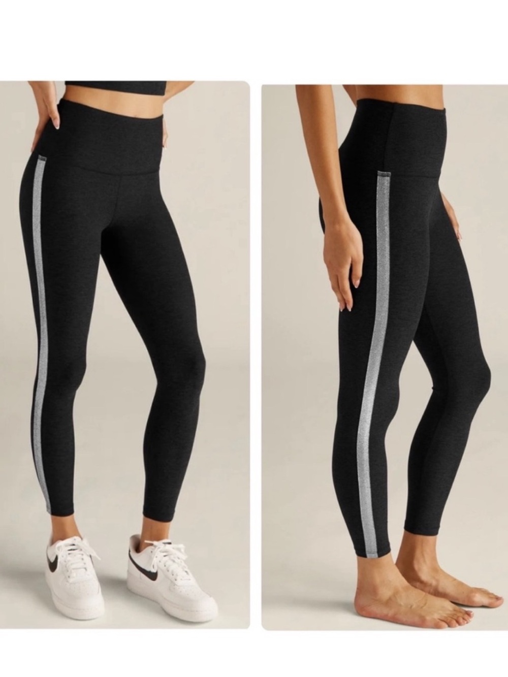 High-Waist Black Leggings with Silver Side Stripe